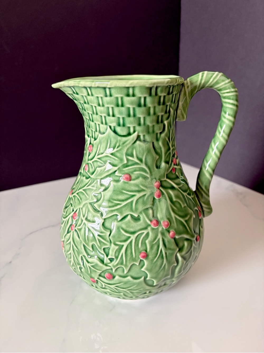 Large Holly Berry Basketweave Pitcher by Bordallo Pinheiro